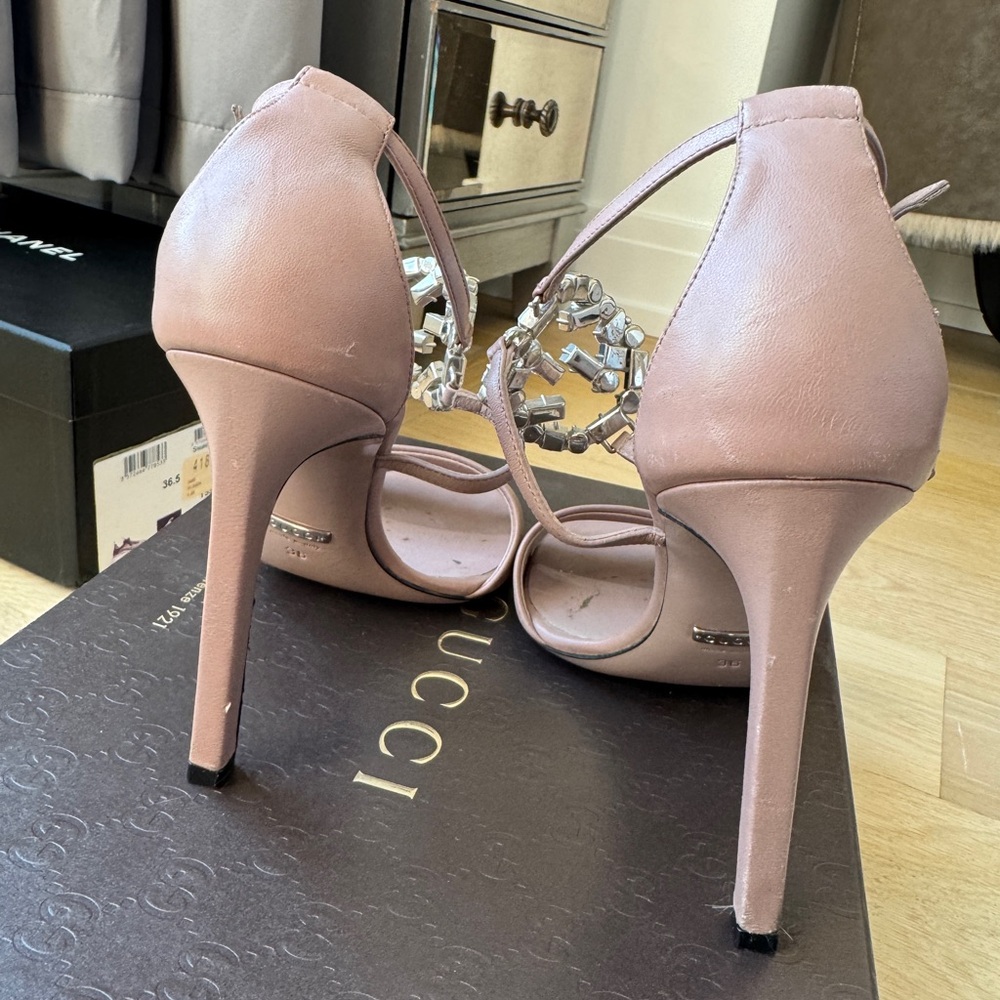 GUCCI | GG Crystal Embellished Nude Leather High Heel Strappy Sandal EU 36 US 6 - Picture 9 of 10